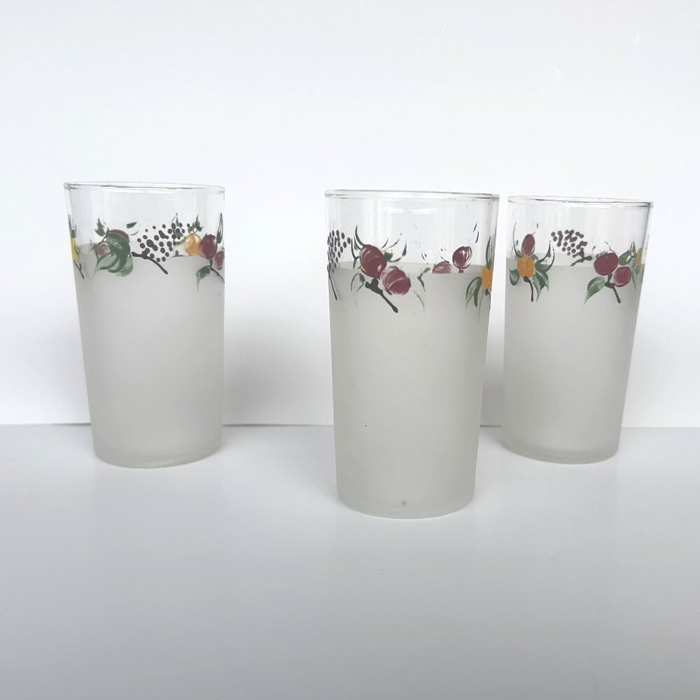 Vintage Frosted Tumbler Glasses with fruit & Berries Set of 3